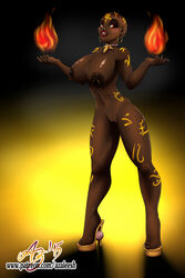 1girls arkane azaleesh breasts dark-skinned_female dark_skin female fire fireball glowing high_heels human mammal nipple_piercing nipples piercing pumps pussy runes solo solo_female