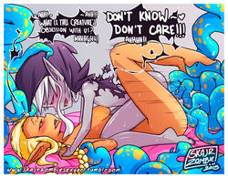 all_fours anal anal_sex blonde_hair blush breasts clothing consensual_tentacles dark_elf dialogue doggy_style double_penetration elf english_text female from_behind green_eyes hair long_hair lying multiple_girls nude on_back penetration pointy_ears red_eyes sex skajrzombie tentacle tentacle_monster text torn_clothing vaginal_penetration white_hair yuri