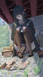 1futa balls big_penis black_hair black_thighhighs censored crouching cumming cumming_on_object emotionless erection futanari girl_with_glasses glasses handsfree_ejaculation long_hair magazine nerd original original_character pantyhose penis porn_magazine pubic_hair rustic_girl school_uniform sitting solo twintails under_bridge wearing_glasses yagi_kan