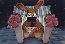 1boy anthro balls bed big_feet hindpaw lagomorph male male_only mammal nintendo nintendo_3ds paws penis rabbit solo vexyvoo video_games