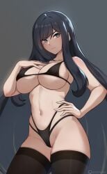 artist_name bare_shoulders bikini black_bikini black_hair black_thighhighs blue_eyes blush breasts cleavage female highleg highleg_bikini highres hioyami large_breasts long_hair looking_at_viewer mole mole_under_eye navel patreon_logo patreon_username raven_(stellar_blade) solo stellar_blade swimsuit thighhighs thighs