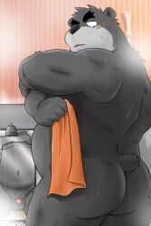 2025 anthro ass balls bear belly black_body black_nose flaccid genitals hi_res kemono male mammal micropenis navel overweight overweight_male penis shibatanukiti small_penis solo standing steam towel