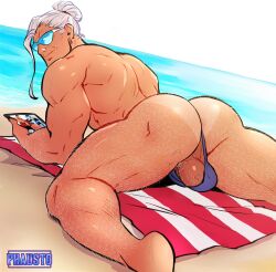 1boy ass back back_view balls balls_out balls_out_of_thong beach blue_sunglasses body_hair dimensional_soldiers_g hairy hairy_arms hairy_ass hairy_balls hairy_legs hairy_male hairy_thighs human human_only joe_salvatore laying_down laying_on_stomach looking_at_viewer looking_back male male_focus male_only muscles muscular muscular_male older_male phausto pubic_hair purple_thong smile smiling sunglasses tanline thong thong_only tied_hair white_hair yaoi