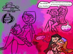 2girls angry blush female garbunkles groping_breasts gwen_(tdi) heather_(tdi) kissing_neck lindsay_(tdi) owen_(tdi) total_drama_island yuri