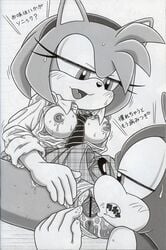 amy_rose anthro anus breasts clitoris cunnilingus cunnilingus_in_skirt erect_nipples furry_bomb half-closed_eyes hedgehog japanese_text karate_akabon mammal mostly_clothed necktie nipples oral panties_aside pussy school_uniform schoolgirl sex sonic_(series) sonic_the_hedgehog sweat text tongue tongue_out vaginal_penetration