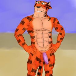 abs anthro dreamworks flaccid fur furry furry_only innocentsin madagascar_(series) male male_only mammal muscles pecs penis solo teasing vitaly_the_tiger