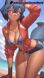 1girls 2025 ai_generated animal_ears artist_name barefoot beach blue_hair body_fur brand_new_animal breasts bust chest cloud day electroworld female furry furry_female heart hi_res high_quality high_resolution highres horizon jacket michiru_kagemori ocean outdoors patreon patreon_username raccoon_ears raccoon_girl raccoon_tail red_jacket short_hair sky solo stable_diffusion swimsuit tail water watermark wet