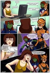 2015 3girls 5_fingers 5_panel_comic alien alien_girl alien_humanoid arabatos artemis_crock artist_name blue_skirt comic crossed_arms daria_morgendorffer dc dcau english_dialogue female gloves hand_on_cheek justice_league medium_breasts megan_morse miss_martian page_2 page_number sfw shirt skirt speech_bubble talking_to_another tigress_(dc) tigress_(young_justice) unseen_female_face white_shirt young_justice