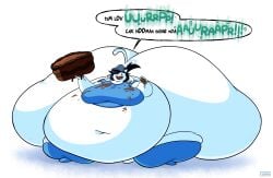 anthro ass belly black_hair bottomless bottomless_female breasts burp burping cake cap chocolate_cake colossal_ass deltarune dessert eating eating_food english_text fat food furry hat hips hyper hyper_ass large_ass large_breasts messy obese obese_female overweight overweight_female slob solitaryscribbles stomach temmie temmie_(deltarune) temmie_(undertale) text thick_thighs thighs undertale undertale_(series) weight_gain white_fur wide_hips