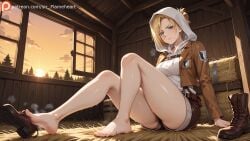 1girls ai_generated annie_leonhardt attack_on_titan barefoot feet feet_focus self_upload sir-flameheart sitting solo solo_female stable sunset sweat sweaty_feet