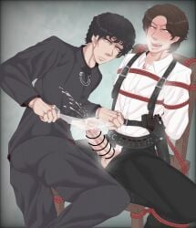 2boys arms_behind_back baku_yorozu black_hair black_suit blush bondage breath_cloud brown_hair censored censored_penis chair chair_bondage collared_shirt cum cum_spurt curly_hair disaste1960713 drool drooling ear_piercing expressionless eyes_rolling_back gauze gay gun gun_holster hands_behind_back heavy_breathing hi_res kamen_rider kamen_rider_zeztz_(series) lotion lotion_gauze male male/male male_focus motion_lines numbered_ring on_chair open_mouth orgasm pale_skin penis penis_out red_rope restrained ring rope saliva secret_agent sitting_on_chair suit suspenders sweat sweatdrop sweating three_(kamen_rider_zeztz) tied_to_chair tied_up tongue tremble_lines tremble_spikes trembling trembling_penis white_collared_shirt white_shirt yaoi