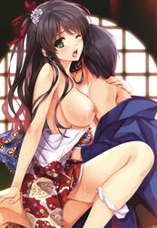 1boy absurdres areolae black_hair blush breasts cowgirl_position cowgirl_position female flower green_eyes hair_flower hair_ornament highres japanese_clothes kimono large_breasts long_hair looking_at_viewer misaki_kurehito nipples one_eye_closed open_mouth panties panties_around_leg scan sex sitting_on_lap sitting_on_person tongue tongue_out topless underwear white_panties wince