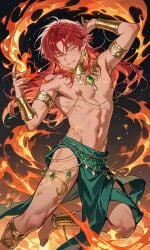 ai_generated ankle_cuffs barefoot chains collar dancer dancer_outfit dancing elf elf_male fire harem_boy harem_outfit loincloth long_hair long_hair_male lots_of_jewelry male_focus male_only nipple_chain nipple_piercing red_hair shirtless_(male) shirtless_male slave slave_boy slaveboy tagme tan_skin wrist_cuffs