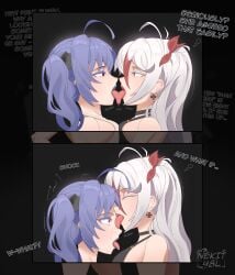 2girls accessory ass azur_lane big_breasts bikini bikini_bottom bikini_pull bikini_top black_bikini blue_hair blue_lips blue_lipstick blush boob_press breast_press breast_squeeze breast_squish breasts bulging_breasts choker choking cleavage clothing clothing_pull comic dialogue duo duo_female duo_focus english_text explicit eyebrow_through_hair eyebrows female female/female female_focus female_human female_only gloves grey_hair hair hair_accessory hair_ornament hair_ribbon heart hi_res highres hips huge_breasts human jewelry kiss_on_lips kissing licking licking_lips long_hair makeup mammal navel necklace nekkit48l nsfw ponytail prinz_eugen_(azur_lane) purple_hair red_eyes red_lips red_lipstick ribbons sideboob smile speech_bubble squished_breasts st._louis_(azur_lane) stomach swimwear swimwear_aside swimwear_pull text thighs tongue tongue_kiss tongue_out translucent translucent_hair two-piece_swimsuit white_bikini white_hair wide_hips yellow_eyes yuri