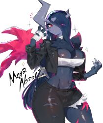 1girls 3_toes absol anthro black_jeans blue_hair clawed_fingers cleavage clothing dark_blue_hair english_text female female_only generation_9_pokemon hair_over_one_eye hi_res jacket jeans long_hair looking_at_viewer mega_absol mega_absol_z mega_evolution nintendo pink_highlights pokemon pokemon_(species) pokemon_legends:_z-a red_eyes solo text thick_thighs toge77789 togetoge topwear white_background wide_hips
