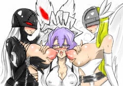 3girls angel_and_devil angewomon belt blonde_hair breastplate breasts demon_girl digimon digimon_(species) digimon_story digimon_story:_cyber_sleuth digimon_world digimon_world_re:digitize female hair headgear helmet human lactation ladydevimon large_breasts mirei_mikagura multiple_girls navel_cutout nipples purple_hair saliva silver_hair skull stitched strap thighs tongue topless torn_clothes winged_helmet yuri