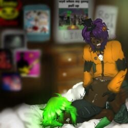 1boy 1nonbinary angry background backshots bedroom bent_over black_clothing bromine_(freaky_frankie) bromium clothed clothed_sex consensual cropped_shirt cum dark_skin dominant_male domination dripping_cum drooling embarrassed embarrassed_expression foaming_at_the_mouth freaky_frankie gift_art green_eyes green_hair hard_sex hardcore hat hate_fuck hate_fucking hate_sex hateful_glare intersex/male kys lyric_primrose_(freaky_frankie) moaning morning motion_blur not_ai_generated not_my_oc oh_shit on_bed orange_clothing orange_eyelashes orange_eyes poster_(decoration) posters purple_hair rotten_callie sex sex_from_behind simple_background uncensored uranium_devereux_(freaky_frankie) whimpering white_bed
