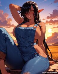 ai_generated arm_up armpits balecxi black_hair cleavage cloud dark-skinned_female dark_elf female hoop_earrings jewelry kuroinu_~kedakaki_seijo_wa_hakudaku_ni_somaru~ large_breasts long_hair looking_at_viewer naked_overalls olga_discordia one_eye_closed outdoors parted_lips patreon_username pointy_ears sideboob sitting sky solo sunset torn_clothes yellow_eyes