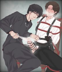2boys arms_behind_back baku_yorozu black_hair black_suit blush bondage breath_cloud brown_hair censored censored_penis chair chair_bondage clenched_teeth collared_shirt curly_hair disaste1960713 drool drooling ear_piercing expressionless gauze gay gun gun_holster hands_behind_back heavy_breathing hi_res kamen_rider kamen_rider_zeztz_(series) lotion lotion_gauze male male/male male_focus motion_lines numbered_ring on_chair pale_skin penis penis_out precum precum_drip red_rope restrained ring rope secret_agent sitting_on_chair suit suspenders sweat sweatdrop sweating three_(kamen_rider_zeztz) tied_to_chair tied_up tremble_lines tremble_spikes trembling white_collared_shirt white_shirt yaoi