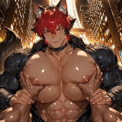 2boys ai_generated bara big_breasts big_chest big_moobs big_pecs big_pectorals dog_boy dog_ears dog_tail gay glistening glistening_body glistening_skin grabbing_breasts grabbing_pecs hyper hyper_breasts hyper_chest hyper_moobs inviting inviting_to_touch komano_manato looking_at_viewer male male_only males_only massive_chest muscular muscular_male night_sky nipples nipples_touching sweatdrop tokyo_tower tower ventvert4 voluptuous voluptuous_male yaoi zenless_zone_zero