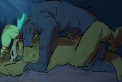 2025 2boys amidias_(calamity_mod) anthro anthro_on_anthro bara blue_background blue_body blue_skin delulupin frottage frotting furry gay green_body green_skin holding_penis lihzahrd lizard lizard_humanoid lizardman lying lying_on_back male male_only muscles muscular neck_kiss nipples nude nude_anthro open_mouth penis seahorse skull skull_mask sweat sweatdrop witch_doctor_(terraria) yaoi