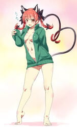 animal_ears barefoot blush bottomless bow braid breasts cat_ears cat_tail cleavage feet female hairbow heart heart_tail highres kiyama_satoshi large_breasts long_hair looking_at_viewer multi_ear multi_tail naked_track_jacket navel no_panties open_mouth pointy_ears pubic_hair red_eyes red_hair rin_kaenbyou simple_background sketch smile solo tail touhou track_jacket twin_braids