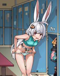 1girls afraid ananta battlebunny blush bunny_ears bunny_girl chastity chastity_belt chastity_device cute_face dressing dressing_room female female_chastity female_only locked no_pants small_breasts surprised taffy_(ananta) thights