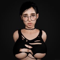 3d big_breasts breasts choker dark_hair ellie_(the_last_of_us) ellie_williams eyewear female female_only glasses labret_piercing large_breasts looking_at_viewer naughty_dog nose_piercing plump_lips ripped_clothing round_glasses simple_background solo solo_female solo_focus taikakettu the_last_of_us the_last_of_us_2 twitter_link twitter_username wip