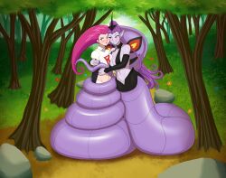 anthro arbok bare_belly blush blushing_female breast_squeezed_together breast_squish coiling coiling_another coiling_around_body exposed_belly fangs flirting flirting_look flustered_female jessie_(pokemon) lamia lesbian_couple logo_on_clothes nic0_robin69 pokemon pokemon_(anime) pressed_together red_hair smiling_at_partner smug_expression smug_face smug_grin smug_smile snake_girl snake_hood snake_humanoid snake_tail squeezed yuri