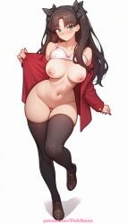 1girl 2026 ai_generated artist_name black_hair black_legwear blush boobs bra breasts bust chest exposed_nipples fate_(series) hi_res high_quality highres long_hair nipples nipples_outside patreon patreon_username pinkname solo thick_thighs thighhighs tits tohsaka_rin two_side_up underwear watermark
