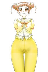 blush bottomless brown_eyes brown_hair choker clothing dokidoki!_precure female gusset looking_at_viewer pantyhose precure pretty_cure pubic_hair purple_bonus simple_background solo thighband_pantyhose white_background wide_hips yellow_legwear yotsuba_alice