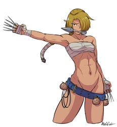 1girls abs akairiot belt blonde_hair braid brown_eyes elf female female_only fingerless_gloves gloves kunai mouth_hold navel needles nintendo no_panties ocarina_of_time pointy_ears sheik skimpy solo standing the_legend_of_zelda tomboy weapon wraps