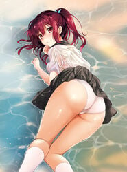 1girls ass female female_only free! long_hair matsuoka_gou panties red_eyes red_hair skirt skirt_lift solo thigh_gap