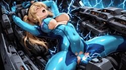 1girls ai_art ai_generated animated arching_back blonde_female blonde_hair blush bodysuit bondage breasts captured captured_female captured_heroine closed_eyes cockpit defeated distress electric_shock electric_torture electricity electrostimulation heroine mechanical metroid open_mouth peril ponytail restrained restrained_arms ryona samus_aran shiny_skin sweat torn_bodysuit torn_clothing underboob writhing zero_suit_samus