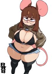 1girls 2d absolute_territory annoyed anthro_female apsel_bluestar bangs belly big_breasts black_bra blue_shorts brown_hair cleavage daisy_dukes denim_clothing denim_shorts front_view glasses hands_on_hips light_body long_sleeves looking_at_viewer mammal mandy_(apsel_bluestar) mouse mouse_ears mouse_girl mouse_tail murid murine nerd nerdy_female round_glasses shortstack simple_background slightly_chubby_anthro slightly_chubby_female thick_ass thick_thighs unzipped_jacket wide_hips