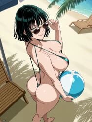 1girls adjusting_eyewear ai_generated areola_slip areolae ass back ball bangs barefoot beach beachball bikini black_hair breasts cleavage collarbone covered_nipples day female from_behind fubuki_(one-punch_man) green_bikini green_eyes large_breasts lips looking_at_viewer looking_back looking_over_eyewear looking_over_sunglasses micro_bikini ocean one-punch_man one_punch_man outdoors palm_tree phibsai sand shiny shiny_hair shiny_skin short_hair slingshot_swimsuit smile solo standing sunglasses swimsuit thighs tinted_eyewear tree
