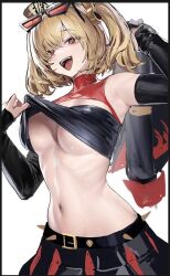 1girls 2d armwear artist_request bare_belly bare_stomach belly belt biker_clothes blonde_hair burnice_white clothed clothes clothing color colored digital_media_(artwork) female female_focus female_only front_view glasses glasses_on_head hoyoverse large_breasts light-skinned_female light_skin looking_at_viewer mihoyo navel no_bra no_bra_under_clothes red_eyes smiling smiling_at_viewer solo solo_female solo_focus source_request spiked_belt spikes twintails underboob white_background zenless_zone_zero