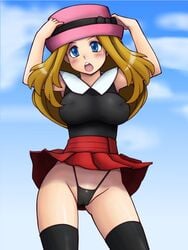 arm_up bare_shoulders black_legwear black_lingerie black_panties black_thong blonde_hair blue_eyes blush breasts erect_nipples female g-string hat highleg highleg_panties hips human human_only large_breasts legs long_hair mound_of_venus nintendo no_bra open_mouth outdoors panties pantyshot pokemon pokemon_xy ponytail serena_(pokemon) skirt solo standing sunglasses sunglasses_on_head thigh_gap thighhighs thong tied_hair tsumitani_daisuke underwear upskirt wind_lift