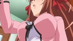 animated blue_eyes boy brown_hair_female clothed clothed_female clothed_male condom gif girl handjob hentai_series kitchen looking_at_penis male/female poro sitting_on_floor triangle_blue
