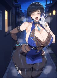 1girls ai_generated alley alleyway areola_slip bare_breasts before before_anal before_blowjob before_oral big_ass big_breasts big_hips blue_hair blush boobaai breasts curvaceous curvaceous_female curvaceous_figure curvy curvy_figure deep_skin female female_focus female_only front_view full_body genshin_impact green_eyes groping hair_ornament hand_near_face hand_on_hip horny horny_female hot hot_spring hoyoverse huge_breasts large_ass large_breasts lips looking_at_viewer nipples nipples_visible_through_clothing no_bra ok_sign parted_lips pov short_hair side_view soft_shading solo_focus standing straight sweat upper_body voluptuous voluptuous_female wet yelan_(genshin_impact)