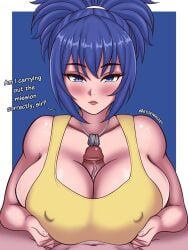 1boy 1girls alternate_breast_size between_breasts big_breasts blue_eyes blue_hair bouncing_breasts breast_press breasts breasts_squeezed_together clothed clothed_female female grabbing grabbing_breasts grabbing_cock grabbing_penis hard_cock huge_breasts ikari_warriors king_of_fighters large_breasts leona_heidern light-skinned_female light_skin long_hair looking_at_viewer male nipple_bulge nipples paizuri paizuri_lead_by_female paizuri_on_lap paizuri_under_clothes pale-skinned_female pale_skin ponytail pov pov_eye_contact pov_paizuri shirt snk source_request storminart straight tagme tank_top text thick tight_clothes tight_clothing tight_fit tight_shirt white_female yellow_shirt