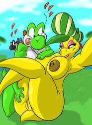 big_breasts breasts eyeshadow female hat heart imminent_sex koopa kylie_koopa makeup male mario_(series) mario_and_luigi_(series) nintendo nipples pussy raised_leg scalie shinysteel smile thick_thighs tongue tongue_out yoshi