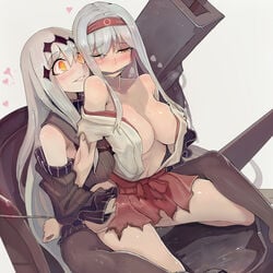 2girls aircraft_carrier_water_oni bare_shoulders black_dress black_legwear breasts detached_sleeves dress female gag gagged hair_ornament hairband hakama heart japanese_clothes kantai_collection large_breasts long_hair multiple_girls off_shoulder open_clothes orange_eyes pussy_juice ribbed_dress sailor_dress shinkaisei-kan short_dress shoukaku_(kantai_collection) silver_hair smile thighhighs torn_clothes very_long_hair walzrj wince yuri