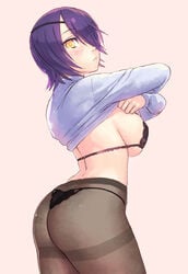 ass black_bra black_panties blush bra breasts contrapposto dat_ass eye_patch female gradient gradient_background hair_over_one_eye highres kantai_collection large_breasts long_sleeves no_pants panties panties_under_pantyhose pantyhose purple_hair shirt_lift sideboob simple_background solo string_panties tenryuu_(kantai_collection) thighband_pantyhose tights underwear undressing yellow_eyes yuuji_(and)