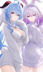 2girls adorable ai ai_generated bunny bunny_ears bunny_girl bunnygirl bunnysuit castorice_(honkai:_star_rail) cute cute_face duo duo_female duo_focus ganyu_(genshin_impact) genshin_impact honkai:_star_rail impacter long_sleeves oversized_clothes oversized_shirt