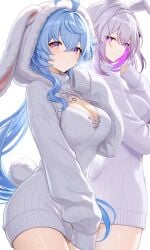 2girls adorable ai ai_generated bunny bunny_ears bunny_girl bunnygirl bunnysuit castorice_(honkai:_star_rail) cute cute_face duo duo_female duo_focus ganyu_(genshin_impact) genshin_impact honkai:_star_rail impacter long_sleeves oversized_clothes oversized_shirt
