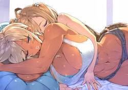 2girls abs bed blonde_hair blue_eyes breasts brown_hair cleavage closed_eyes dark-skinned_female dark_skin female in_bed jean_shorts large_breasts muscular_female navel on_side original sela_(sela_god) sela_god short_hair shorts sleeping tank_top ursula_(sela_god) wife_and_wife wink yuri