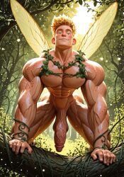 abs adonis_belt ai_generated all_fours armpits arms_behind_head arms_up balls ballsack bare_shoulders barefoot biceps big big_chest big_pecs blonde_hair chest deltoids fairy fairy_wings fantasy hands_behind_head handsome harness himbo homosexual homosexual_male hung leaf_clothing leaves looking_at_viewer male male_focus male_only muscle muscular muscular_arms muscular_chest muscular_legs muscular_male muscular_thighs mythological_creature navel nipples on_knees original original_character pecs pectorals penis quads relaxed skimpy skimpy_clothes skimpy_outfit solo solo_male testicles thick_penis trees triceps veiny veiny_muscles veiny_penis vines wings