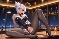 1girls abs ai_generated battle_bunny_riven battle_bunny_series breasts brown_eyes bunny_ears bunnysuit full_body grin heavenly_art large_breasts league_of_legends muscular_female pussy riot_games riven short_hair sitting small_ponytail thighhighs tie tied_hair torn_clothes tuft white_hair