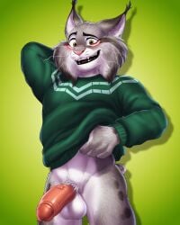 anthro balls black_ear_tips black_lips blush blushing bodily_fluids bottomless cat_ears cheek_tuft clothed clothing clothing_lift dipstick_ears disney dream_and_nightmare ear_markings facial_tuft felid felidae feline feline_humanoid flustered fur genital_fluids genitals green_background green_clothing green_sweater green_theme green_topwear grey_body grey_fur hand_behind_head hi_res humanoid_genitalia humanoid_penis lips lynx lynx_ears maine_coon male male_only mammal mane multicolored_ears mutton_chops pawbert_lynxley penis pink_nose precum scratching_head shirt shirt_lift simple_background smile solo spotted_fur standing sweater teeth topwear tuft vein veiny_penis whiskers white_body white_fur yellow_eyes zootopia